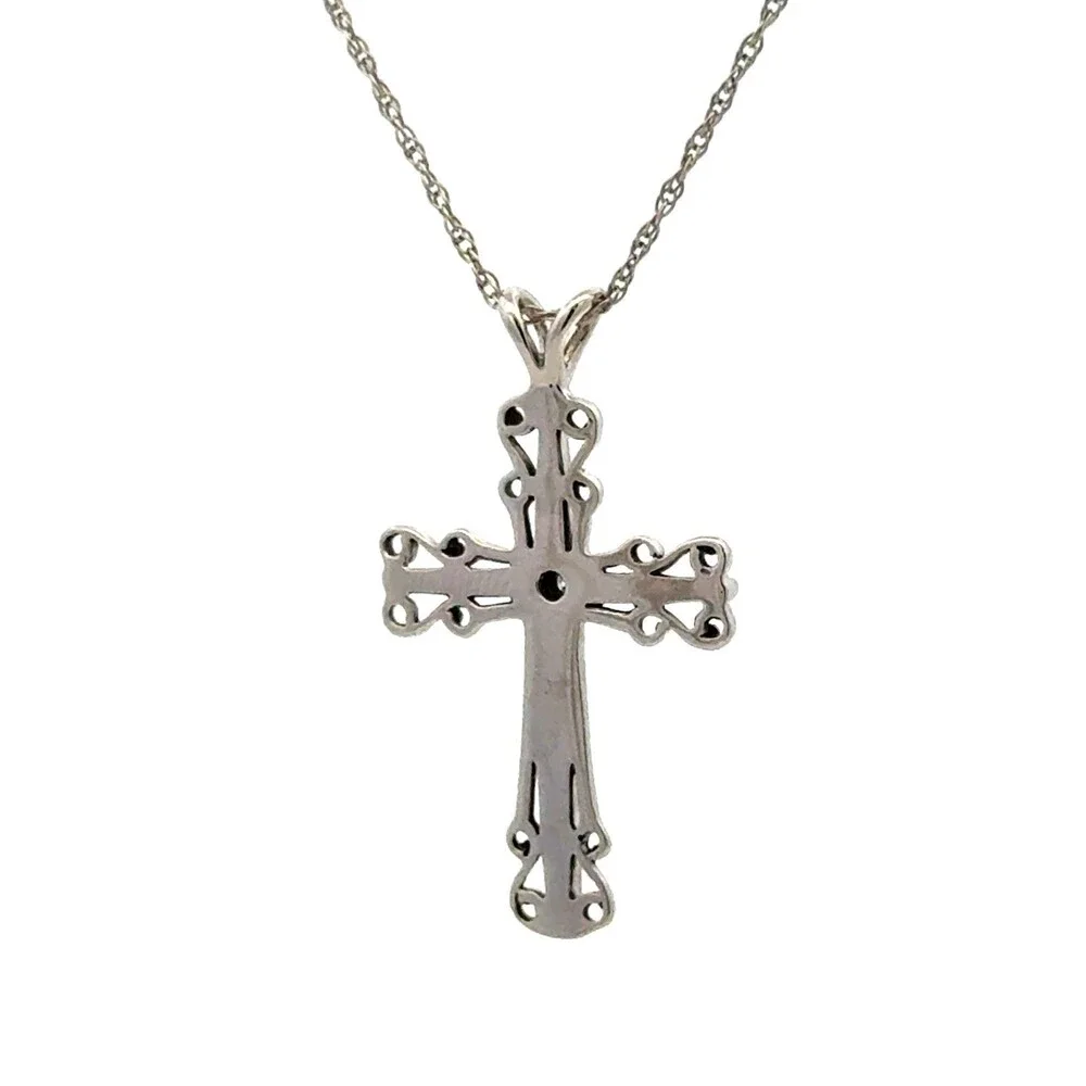 Beautiful 14K White Gold Diamond Solitaire Holy Cross Scroll Pendant Necklace - Picture 5 of 11